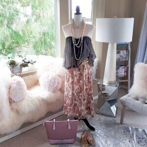 EUC Dimora pink black tulle mesh ruffle blouse, S